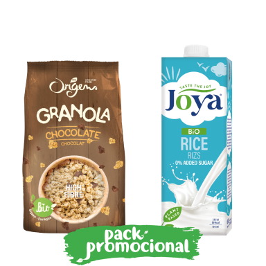 Granola de Chocolate Origens Bio e Bebida de Arroz Joya produto biológico