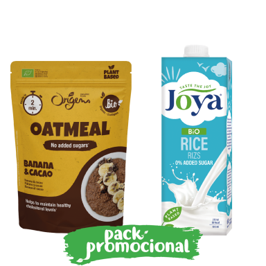 Papas de Aveia Banana Cacau Origens Bio e Bebida de Arroz Joya produto biológico