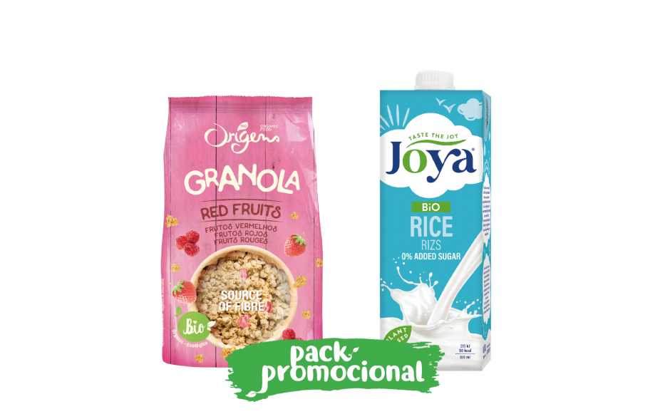 Granola de Frutos Vermelhos Origens Bio e Bebida de Arroz Joya Produto Biológico