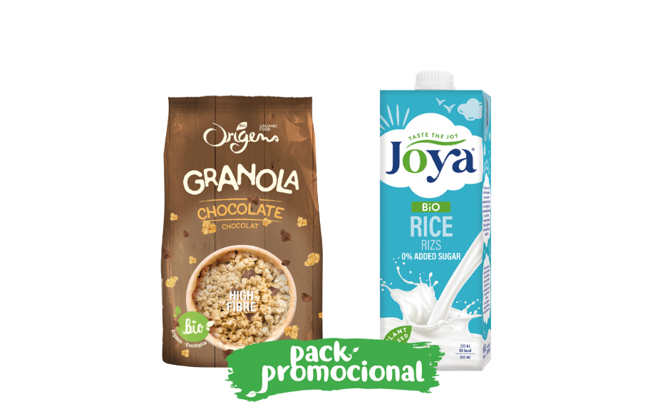 Granola de Chocolate Origens Bio e Bebida de Arroz Joya produto biológico